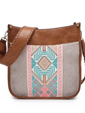 Jen & Co Boho Embroidered Crossbody Bag - Tan with Mint & Pink Accent NWT Vegan